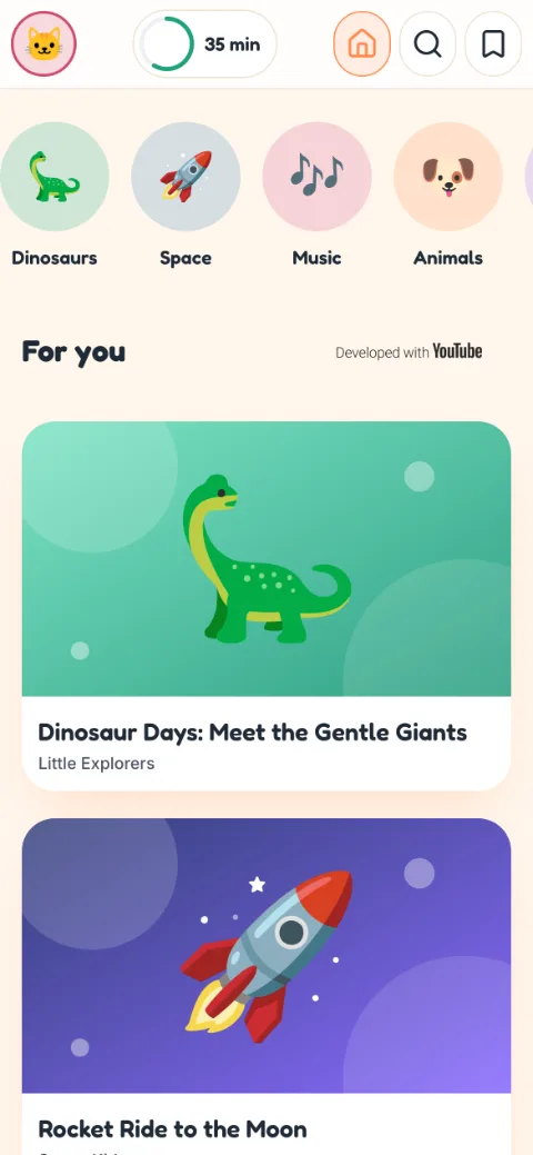 A child's home screen with topic bubbles and large video cards