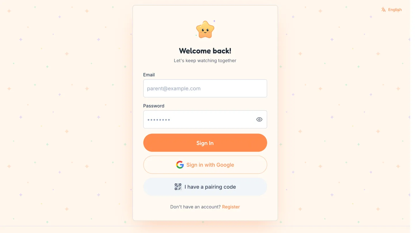 The Twinklenook sign-in screen