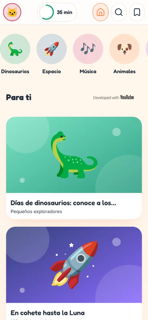 Pantalla de inicio de un niño con burbujas de temas y tarjetas de vídeo grandes